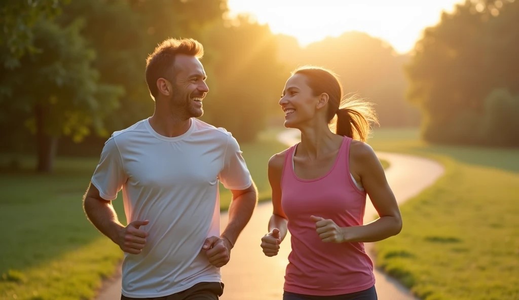 Man and woman jogging outdoors in the morning sunlight, representing how to lose weight naturally with exercise and healthy lifestyle – AI-generated.