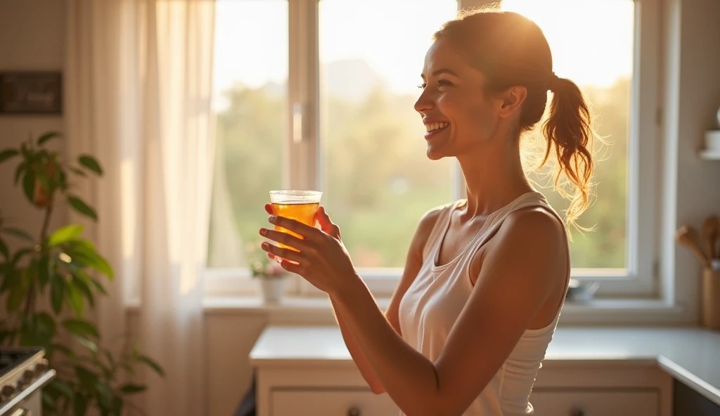 Healthy adult stretching in a sunlit kitchen with a glass of water, representing how to get energy without caffeine in the morning.