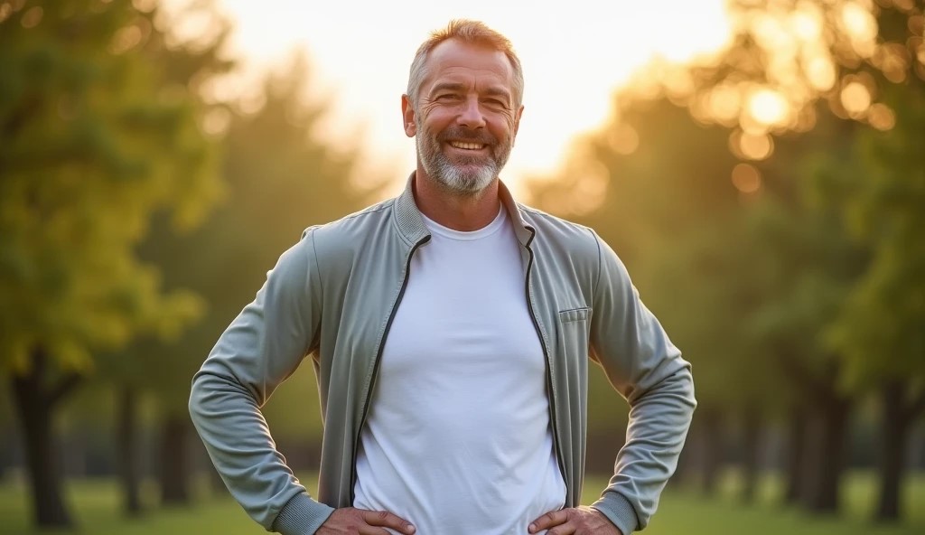 Middle-aged man standing outdoors in nature, smiling and looking healthy – representing prostate health for men over 40 in 2025.