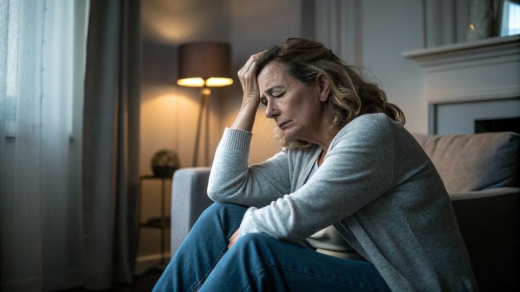 Woman experiencing menopause symptoms while sitting indoors, representing emotional and physical discomfort – AI-generated for educational use.